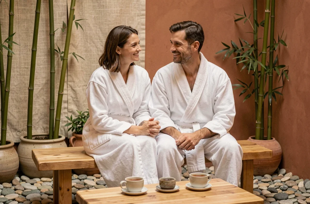 Couple en peignoirs blancs partageant un moment de détente dans un spa bien-être à Toulouse