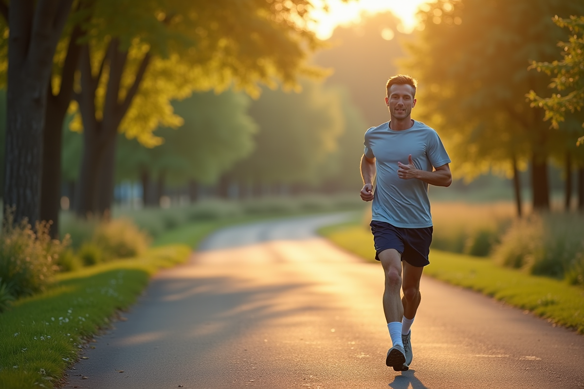 Joggeur seul au bord de la rivière au matin