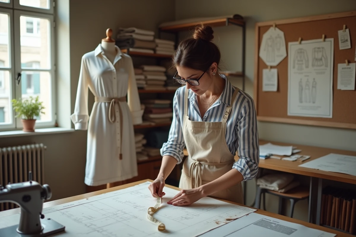 Couturière mesurant un mannequin de couture dans un atelier de mode parisien, reflétant l'adaptation des tailles de vêtements pour la femme française
