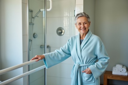 Femme senior souriante dans la salle de bain moderne