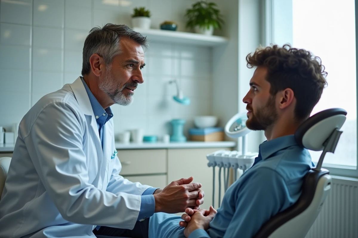 Dentiste parlant à un patient dans un cabinet dentaire lumineux