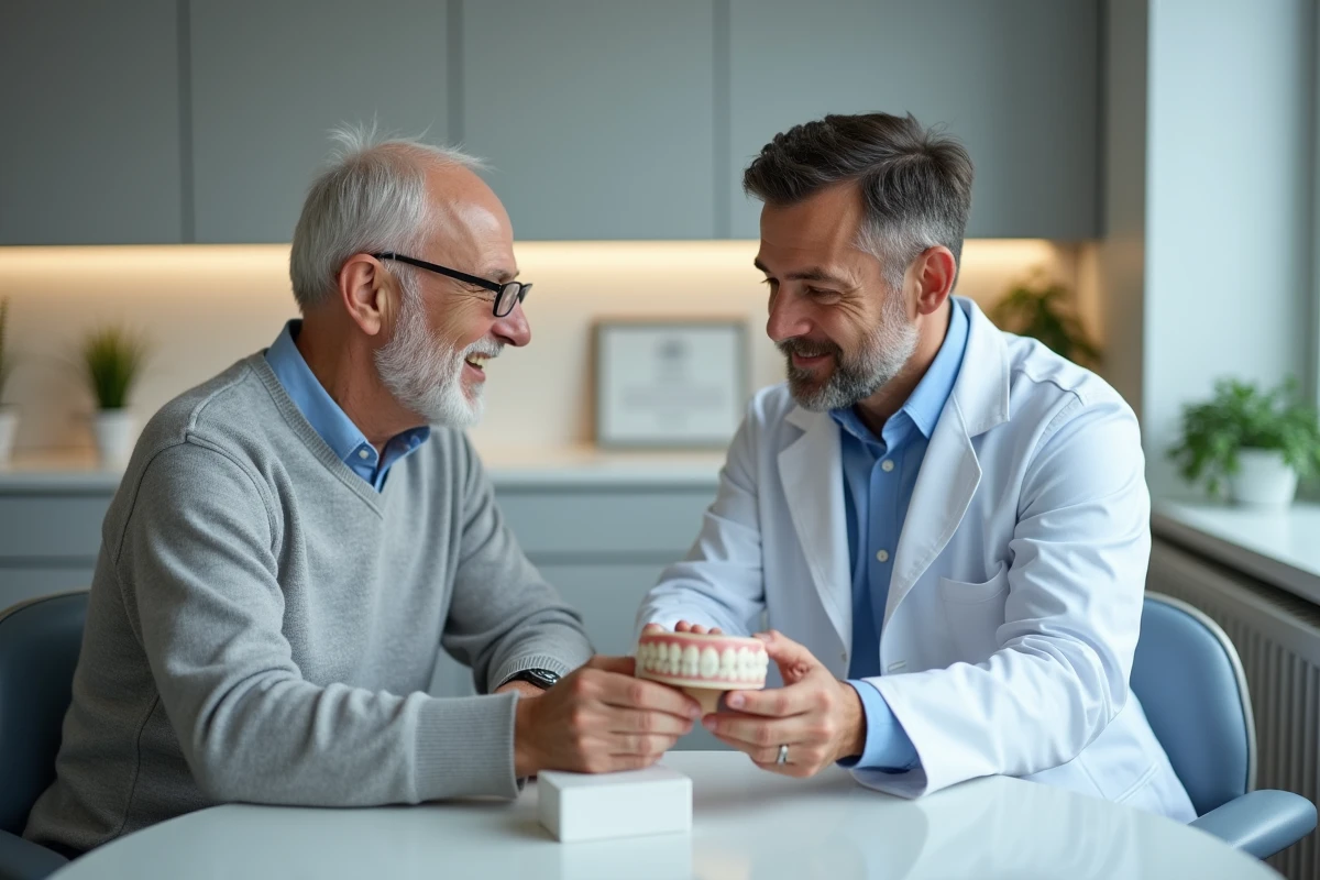 Dentiste expliquant un modele dentaire au patient