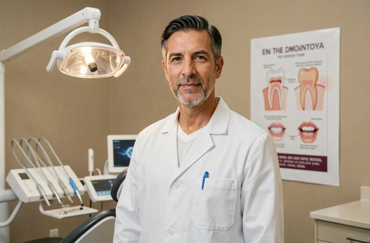 Le Docteur Montoya dans son cabinet dentaire avec affiche pédagogique dentaire