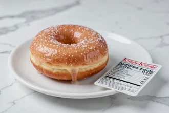 Donut glacé Krispy Kreme posé sur une assiette blanche à côté d'une fiche de valeurs nutritionnelles, sur un comptoir en marbre blanc