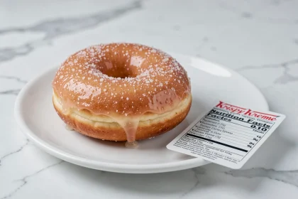 Donut glacé Krispy Kreme posé sur une assiette blanche à côté d'une fiche de valeurs nutritionnelles, sur un comptoir en marbre blanc