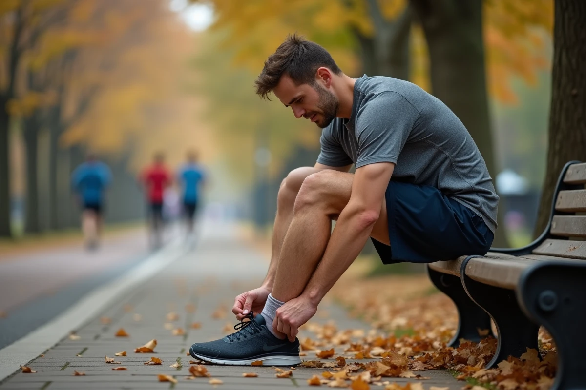 Coureur examinant la cheville et le côté extérieur de son pied gauche sur un banc de parc après une douleur à la course