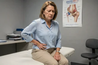 Femme d'âge moyen tenant sa hanche douloureuse après une infiltration dans un cabinet médical