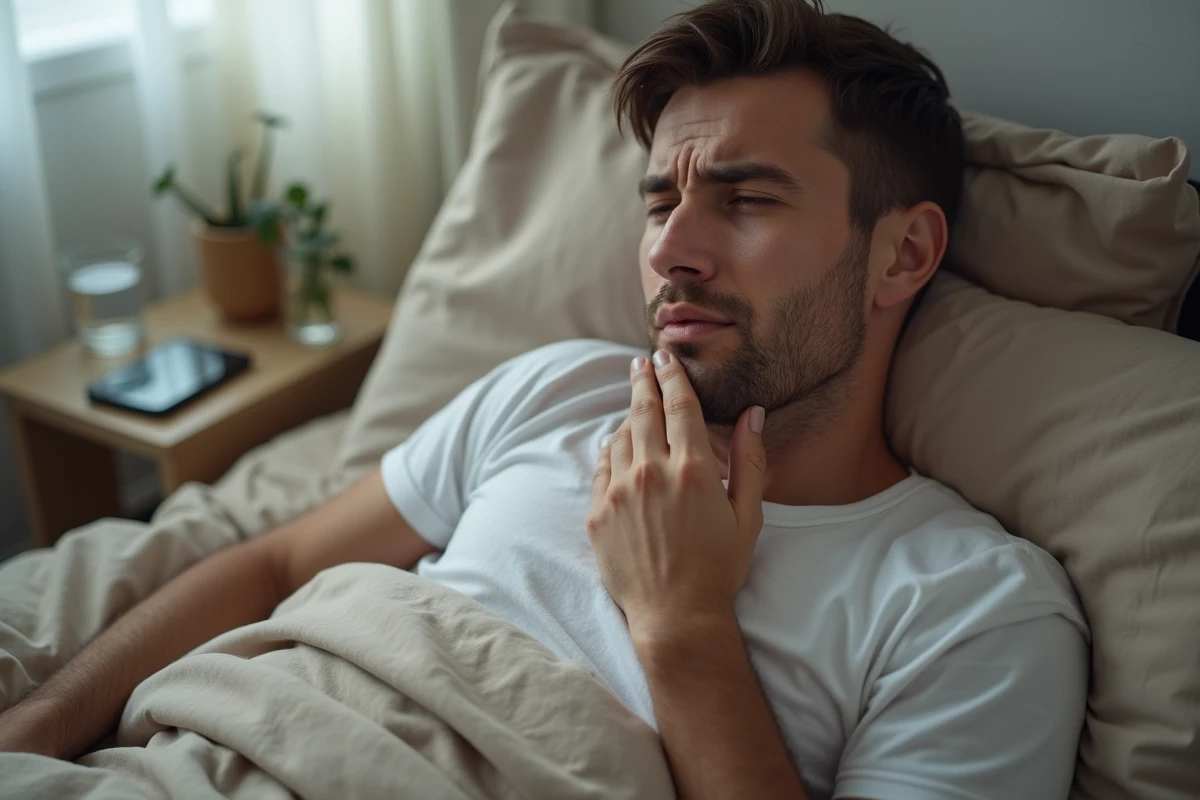Homme se réveillant avec une douleur à la mâchoire le matin, la main posée sur la joue, illustrant les symptômes du bruxisme nocturne