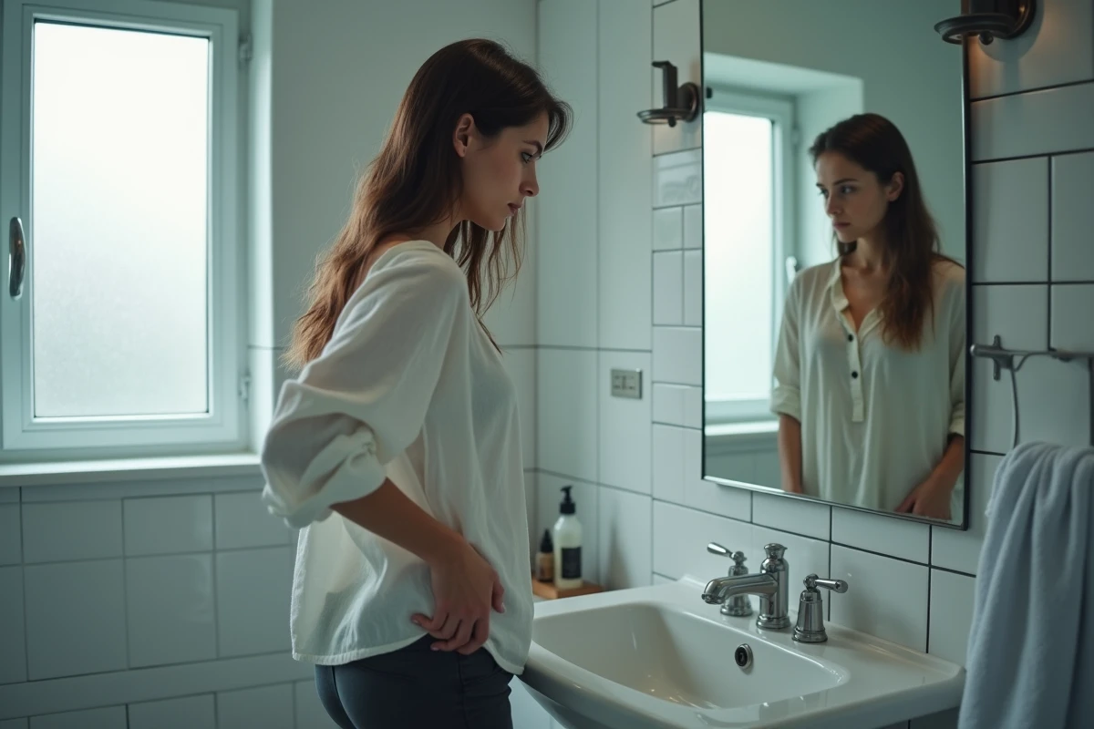 Jeune femme dans sa salle de bain ressentant une douleur pelvienne liée à un possible kyste ovarien
