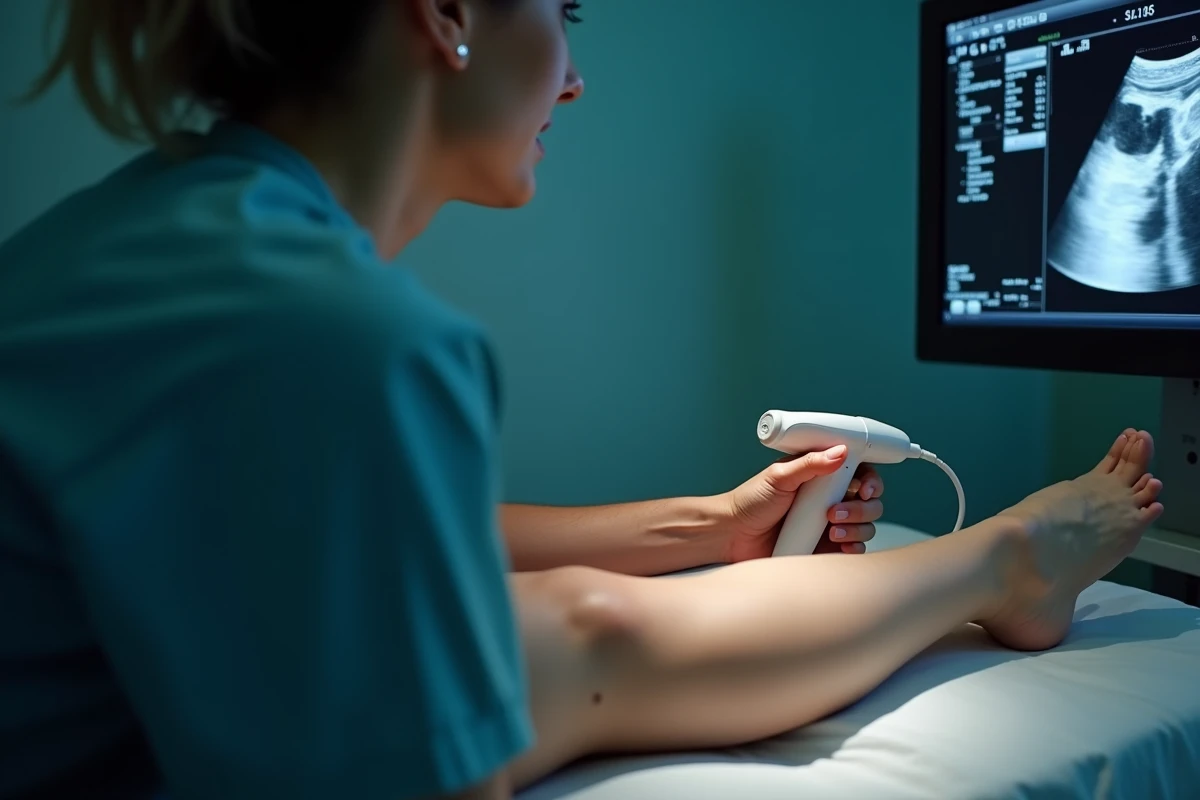 Échographie Doppler de la veine saphène réalisée par une échographiste sur la jambe d'un patient