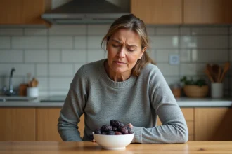 Femme ressentant une gêne abdominale après consommation de pruneaux posés dans un bol sur une table de cuisine