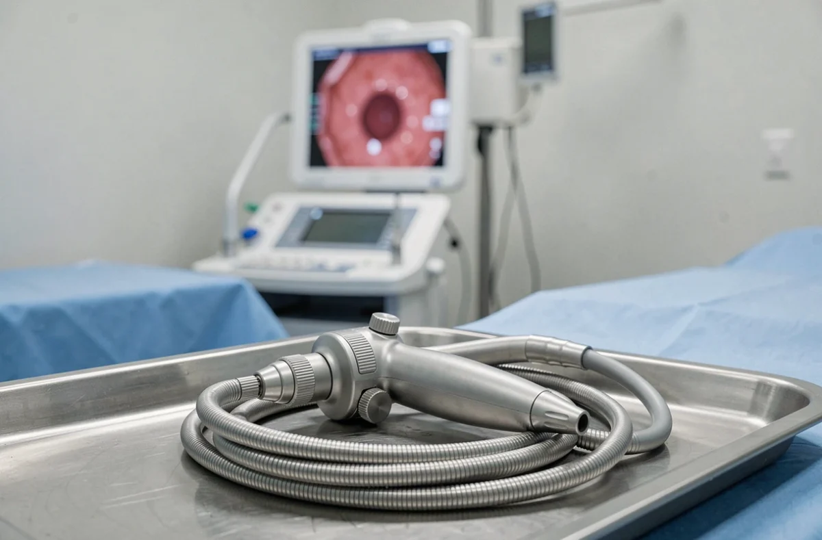 Endoscope médical posé sur un plateau stérile dans une salle d'endoscopie gastrique hospitalière