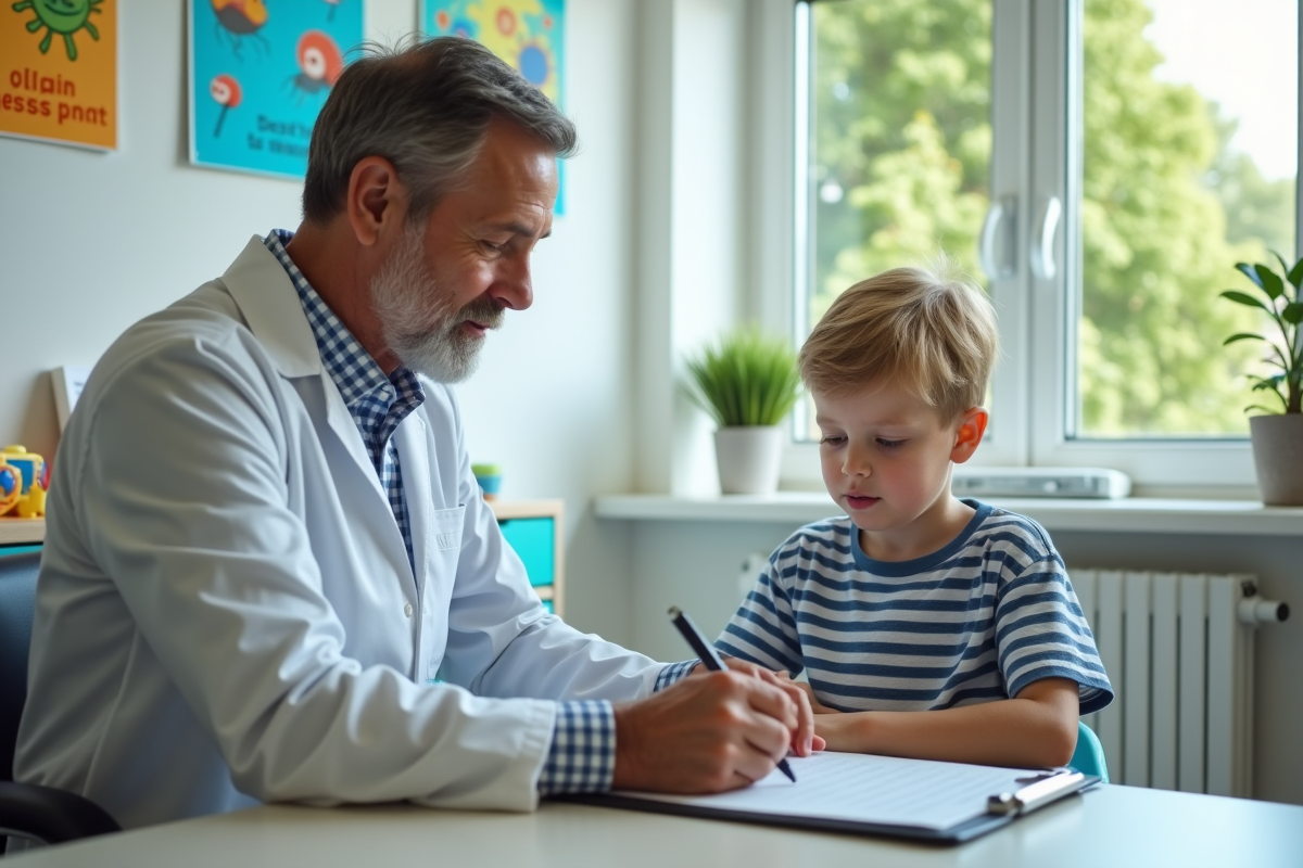 Jeune garçon lors d’un examen allergologique avec un docteur en clinique