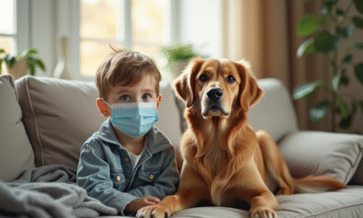 Jeune enfant avec masque assis avec un chien doré dans le salon