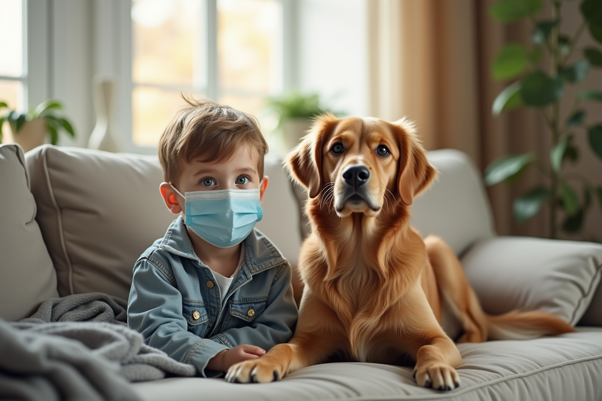 Jeune enfant avec masque assis avec un chien doré dans le salon