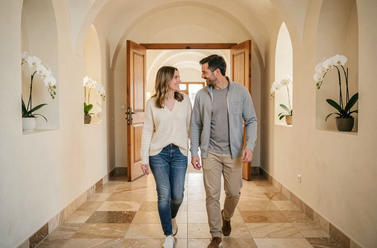 Couple complice à l'entrée d'un spa bien-être pour un moment de détente en duo à Toulouse