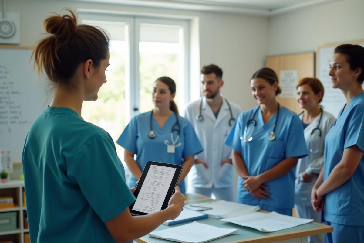 Infirmière en scrubs discutant avec une équipe médicale dans un bureau lumineux
