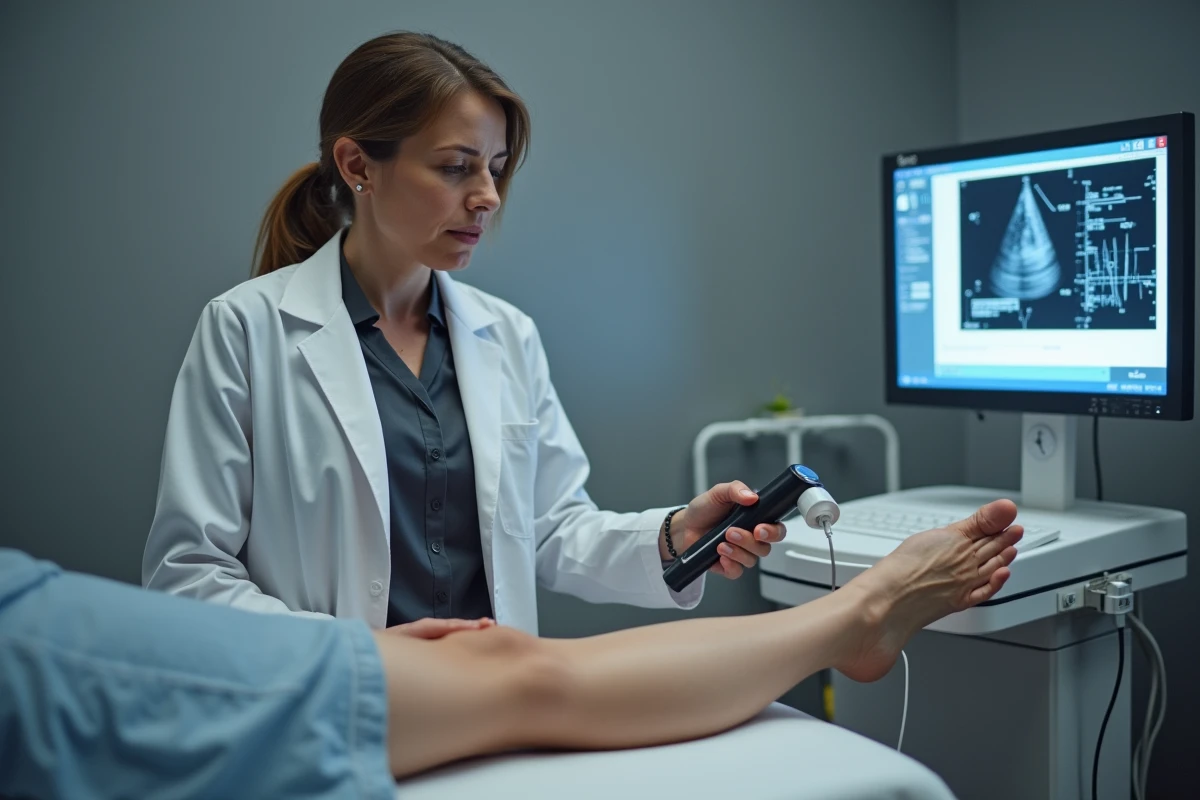 Médecin vasculaire réalisant un examen Doppler sur la jambe d'une femme de plus de 50 ans pour diagnostiquer une artériopathie