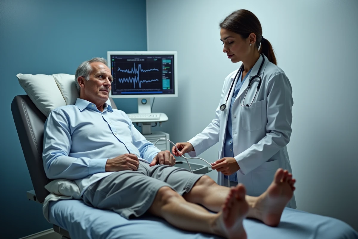 Neurologue réalisant un examen électromyographique EMG sur un patient pour diagnostiquer des contractions musculaires spontanées