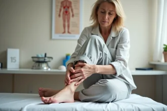 Femme d'âge mûr en consultation médicale examinant une douleur à la veine saphène sur la jambe
