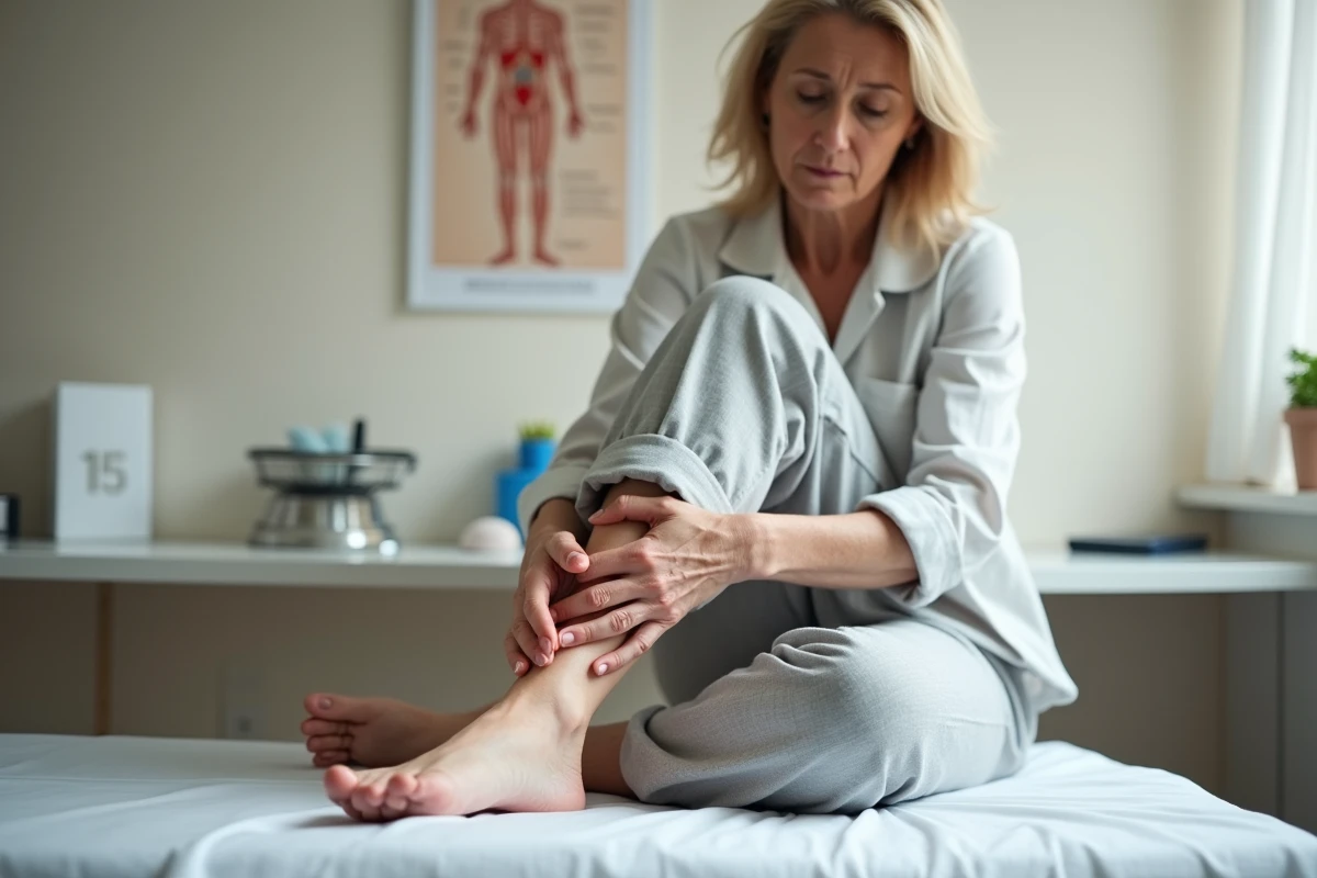 Femme d'âge mûr en consultation médicale examinant une douleur à la veine saphène sur la jambe