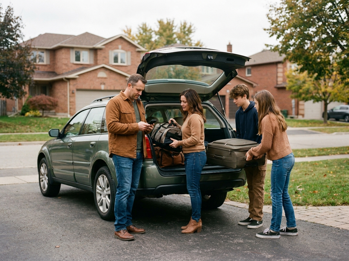 Famille chargeant une voiture pour les vacances avec vérification de l'assurance auto sur smartphone