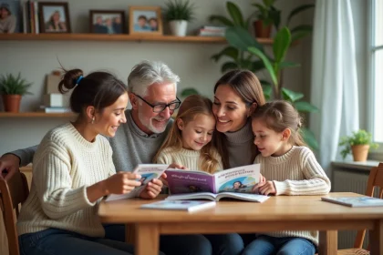 Famille multigenerations partageant un magazine de psychologie positive