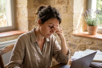 Femme fatiguée se frottant les yeux devant un écran d'ordinateur dans un bureau à domicile en Occitanie, illustrant la fatigue oculaire liée aux écrans