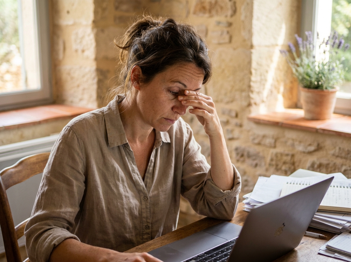 Femme fatiguée se frottant les yeux devant un écran d'ordinateur dans un bureau à domicile en Occitanie, illustrant la fatigue oculaire liée aux écrans