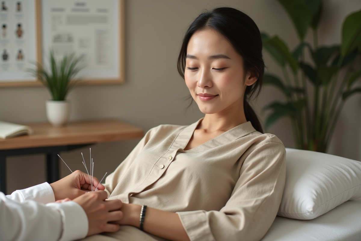 Femme asiatique relaxée recevant une acupuncture apaisante