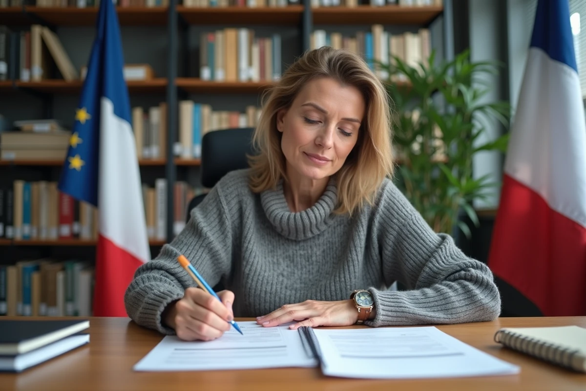 Femme d'âge moyen remplissant un formulaire officiel dans un bureau administratif