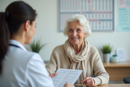 Femme agee souriante avec carnet de vaccination