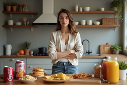 Femme pensant devant des aliments transformes modernes