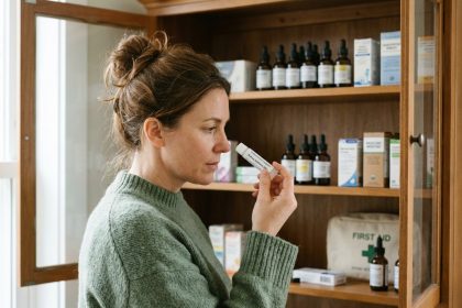 Femme lisant l'étiquette d'un tube de granules homéopathiques devant une armoire à pharmacie familiale