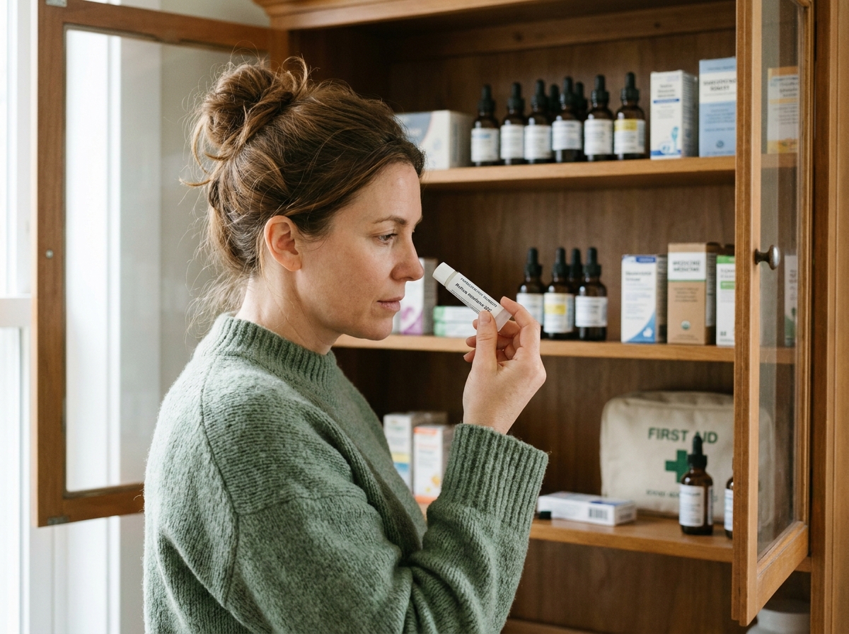 Femme lisant l'étiquette d'un tube de granules homéopathiques devant une armoire à pharmacie familiale