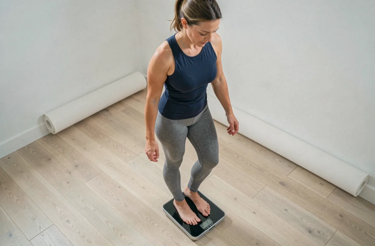 Femme sportive se pesant sur une balance numérique à domicile pour mesurer les effets d'un mois sans alcool sur son poids