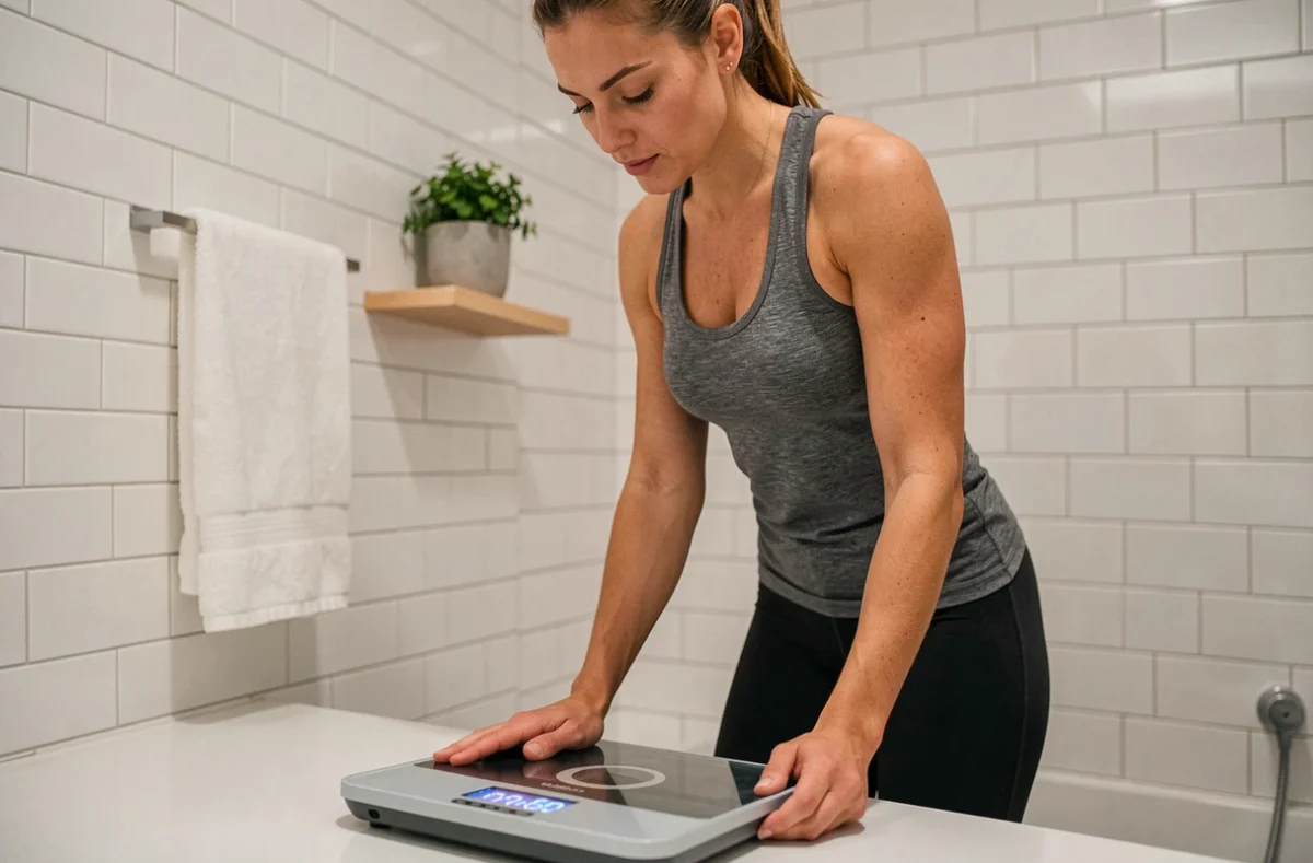 Femme mesurant sa perte de poids sur une balance numérique dans une salle de bain moderne, illustrant un régime intensif sur une semaine