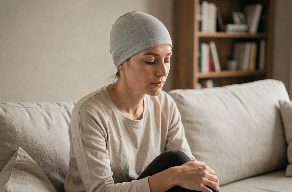 Femme portant un bonnet anti-migraine gris en pharmacie, assise sur un canapé en lin dans un salon minimaliste aux tons beiges