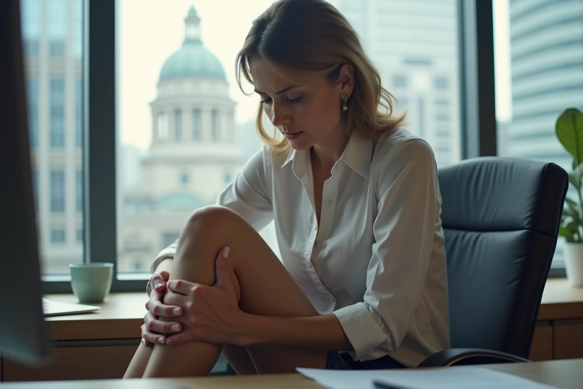 Femme d'âge moyen au bureau se masse la jambe gauche