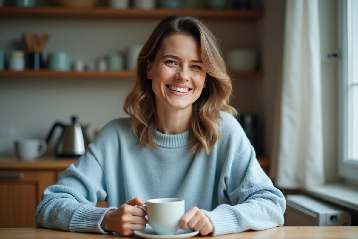 Femme souriante buvant un café dans une cuisine lumineuse