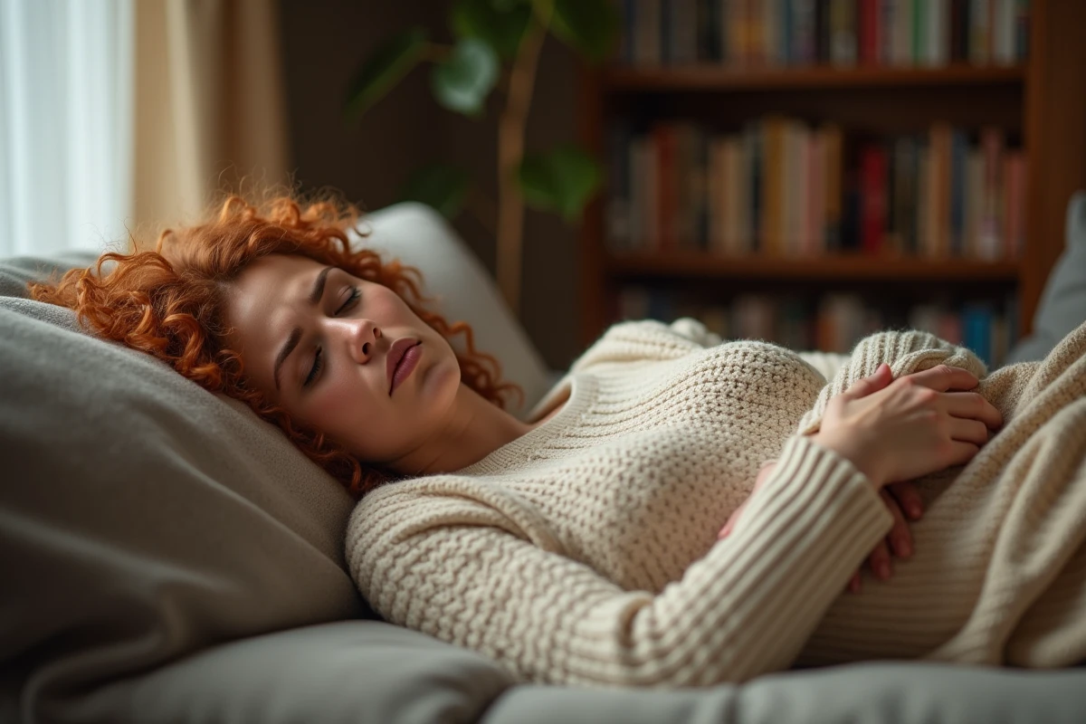 Jeune femme allongée sur un canapé tenant son bras gauche avec un air anxieux, évoquant les fourmillements et l'angoisse ressentis à domicile
