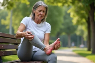 Femme d'âge moyen assise sur un banc tenant sa cheville droite gonflée et douloureuse dans un parc urbain