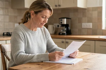 Femme consultant des documents de mutuelle Ociane Matmut à une table de cuisine en bois