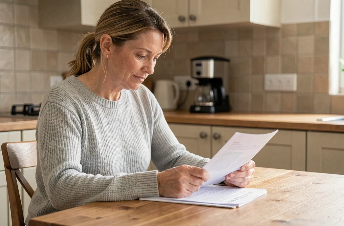 Femme consultant des documents de mutuelle Ociane Matmut à une table de cuisine en bois