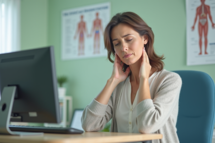 Femme de quarantaine touchant son cou lors d'une consultation médicale