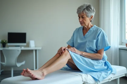 Femme de plus de 50 ans chez le médecin consultantpour des douleurs dans les jambes liées aux artères bouchées