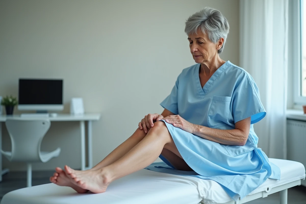 Femme de plus de 50 ans chez le médecin consultantpour des douleurs dans les jambes liées aux artères bouchées