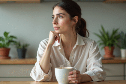 Femme contemplative dans une cuisine lumineuse et sereine