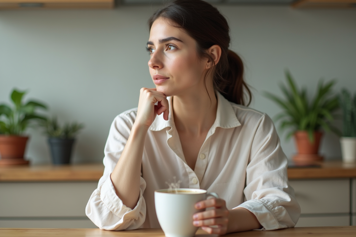 Femme contemplative dans une cuisine lumineuse et sereine