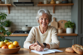 Femme souriante vérifiant sa montre dans une cuisine chaleureuse